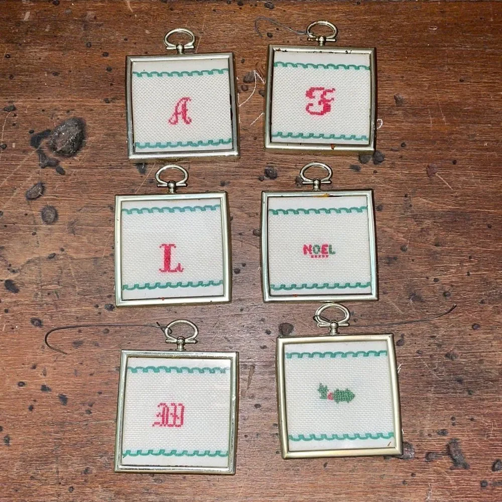 Vtg collection of‎ 6 handmade/homemade cross-stitch square gold frame ornaments